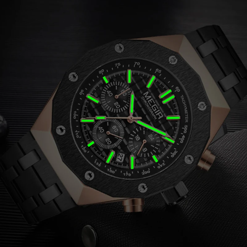 MEGIR Brand Luxury Polygon Case Chronograph Quartz Watch for Men Fashion Casual Business Wristwatches Male Gift with Auto Date