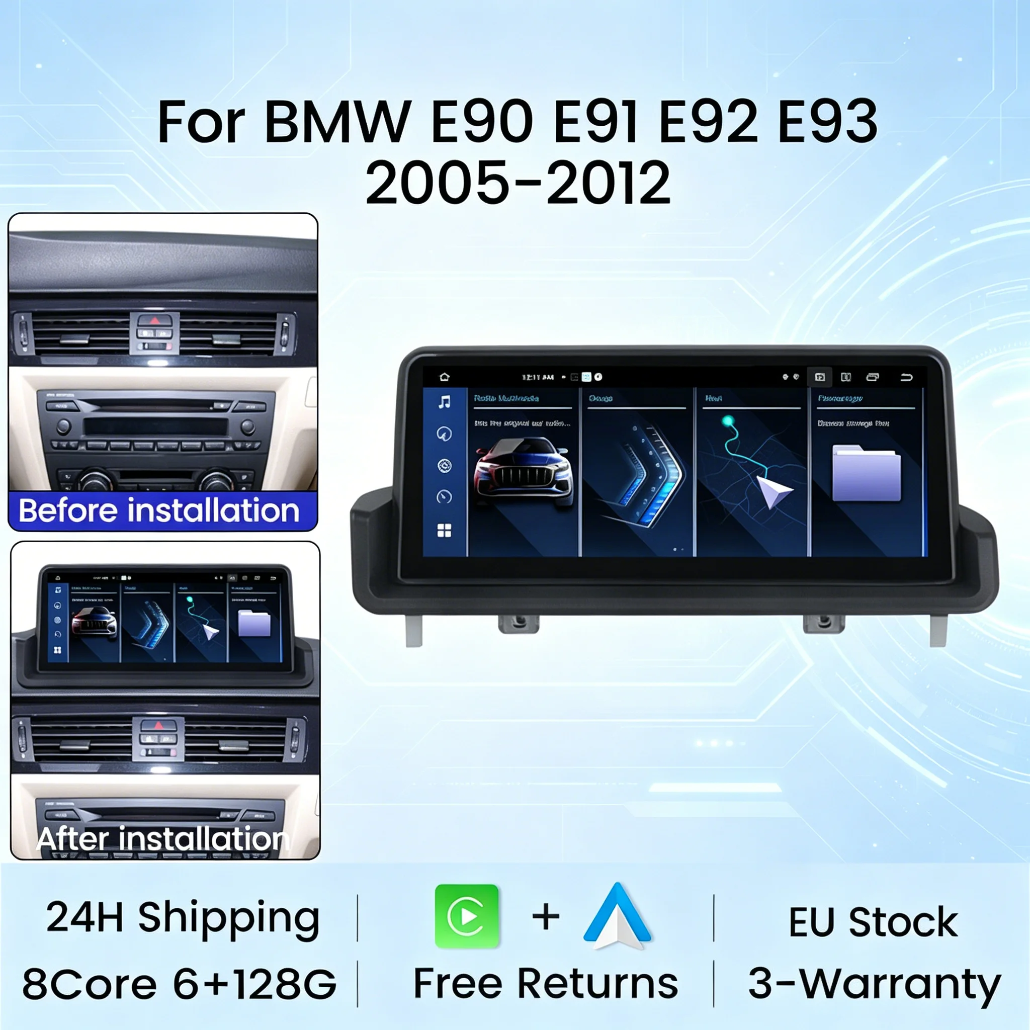 Autoradio multimédia Android 1920*720P avec CarPlay sans fil, lecteur multimédia pour BMW Série 3 E90 E91 E92 E93 2005-2012, 4G Wifi GPS, DSP, Plug and Play, stock UE
