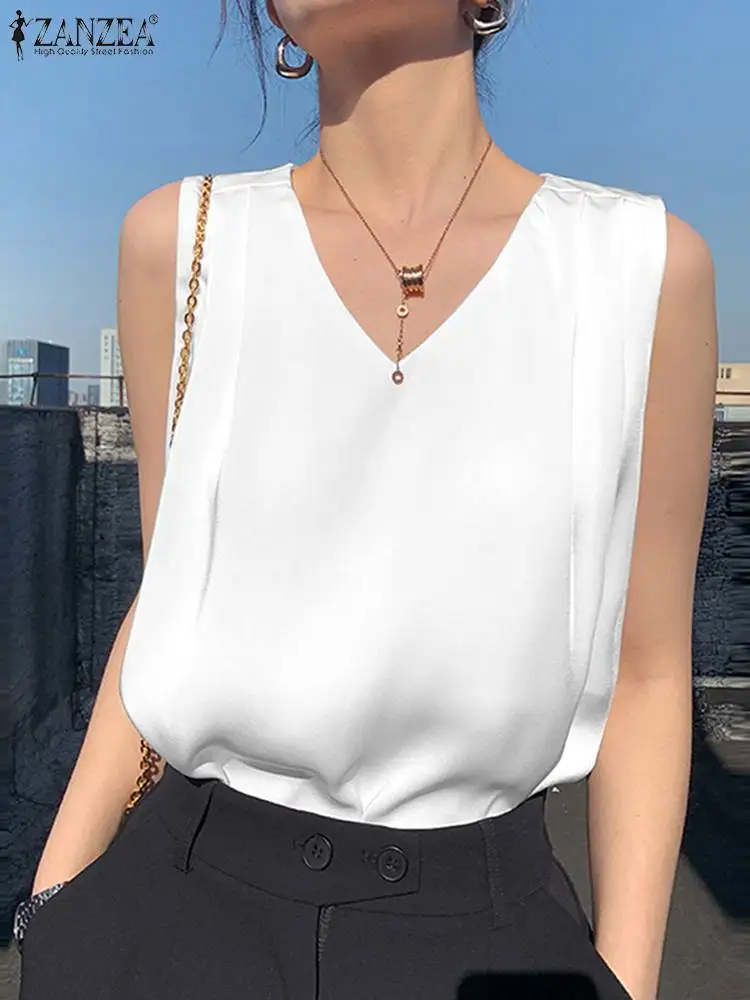 ZANZEA Women Sleeveless OL Elegant Blouse Party Satin Vest Tops Cami Summer Solid V Neck Work Shirt Female Pleated Tanks Top