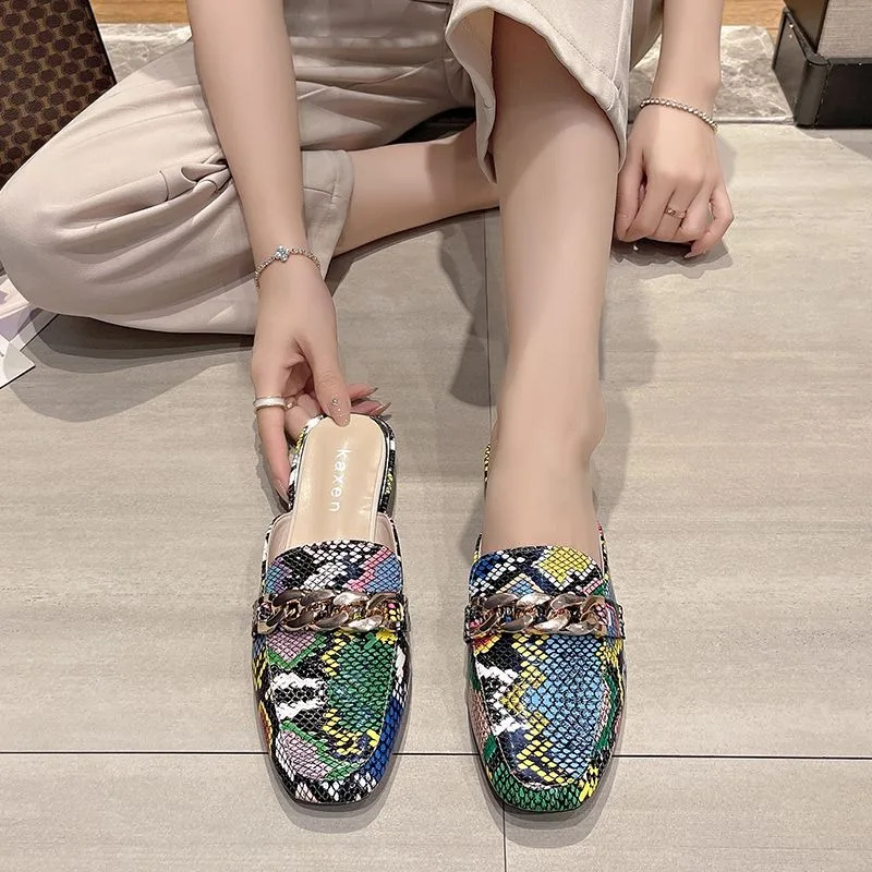 chains designer shoes mules femme slippers for woman snakeskin leather low heel mules woman fashion slides