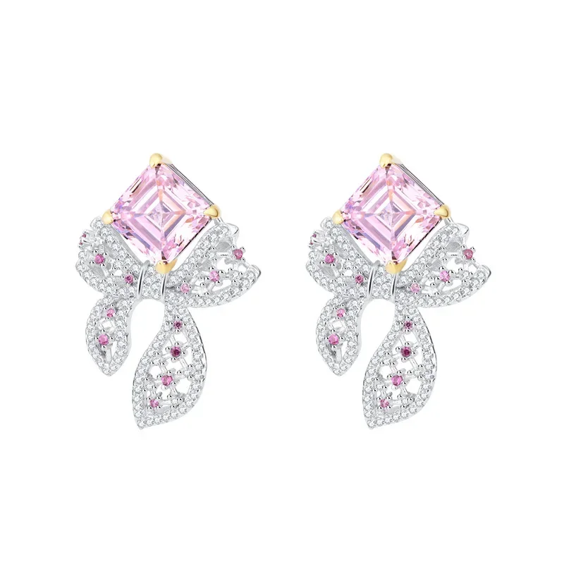 

S925 Silver Asite Square Pink Diamond 8 * 8 Bow Texture Women's Earrings Wedding