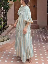 Korean Chic Vacation Style Halo Dyed Stripes Loose Mid Length Lantern Sleeve Dress For Women 2024 Spring Summer