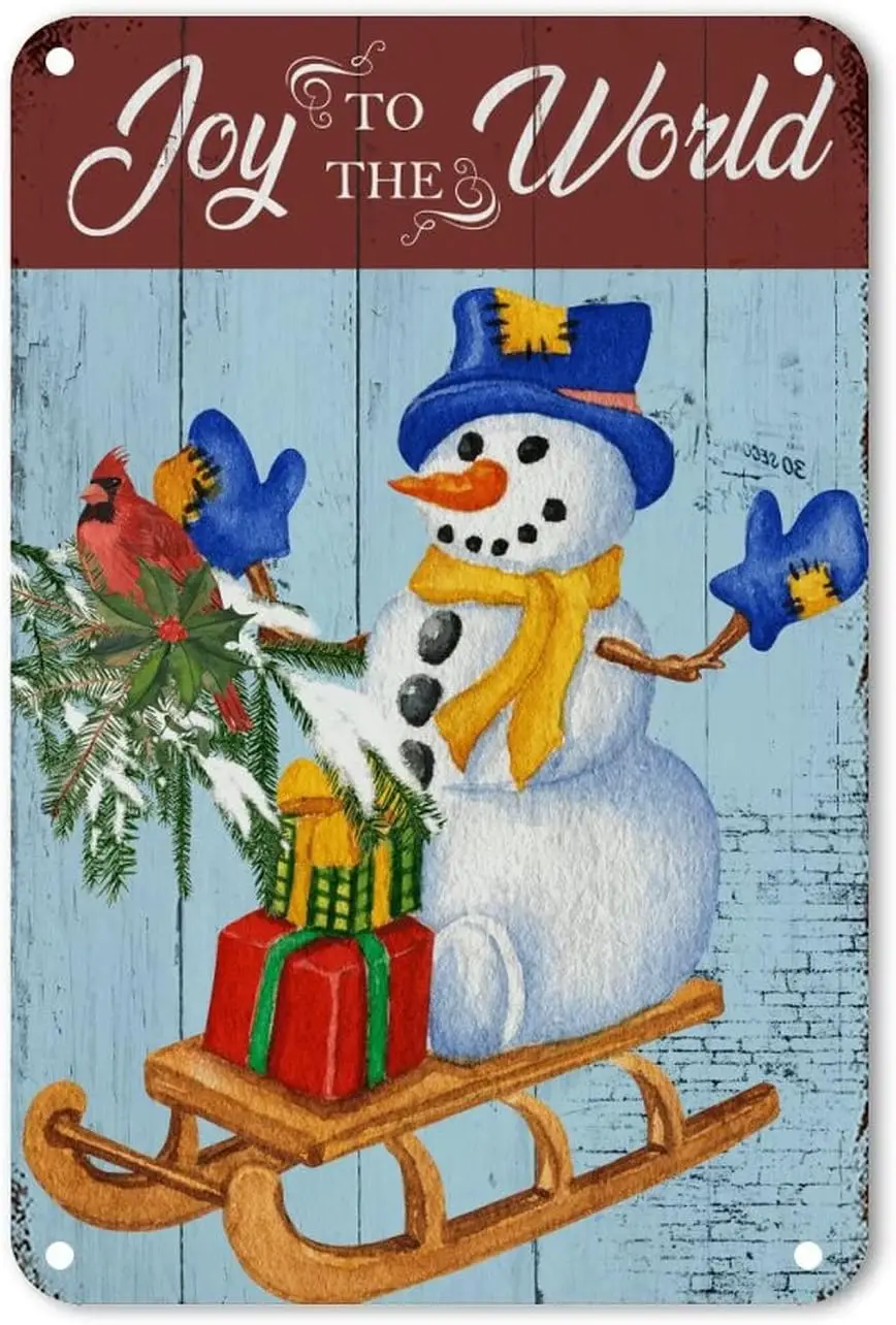 Joy to The World Aluminum Sign Christmas Red Bird Snowman Tin Metal Sign Rustic Chic Merry and Bright Poster Iron Sign Metal Dec