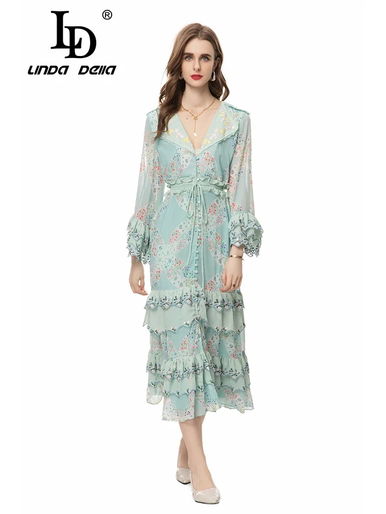 LD LINDA DELLA 2024 Summer Elegant Luxury Dress Women's Small Floral Print Elastic Waist Cascading Ruffle Embroidery Belt Dress