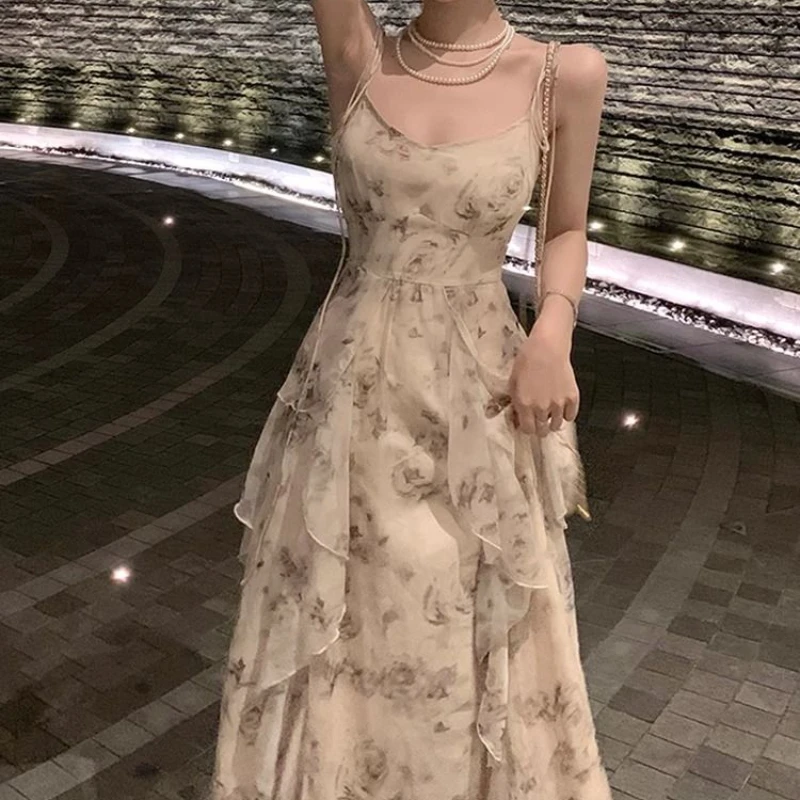 HOUZHOU Elegant Holiday Dresses for Women Long Floral Chiffon Midi Dress Sleeveless Vintage Dress Fairy Slim Party Casual