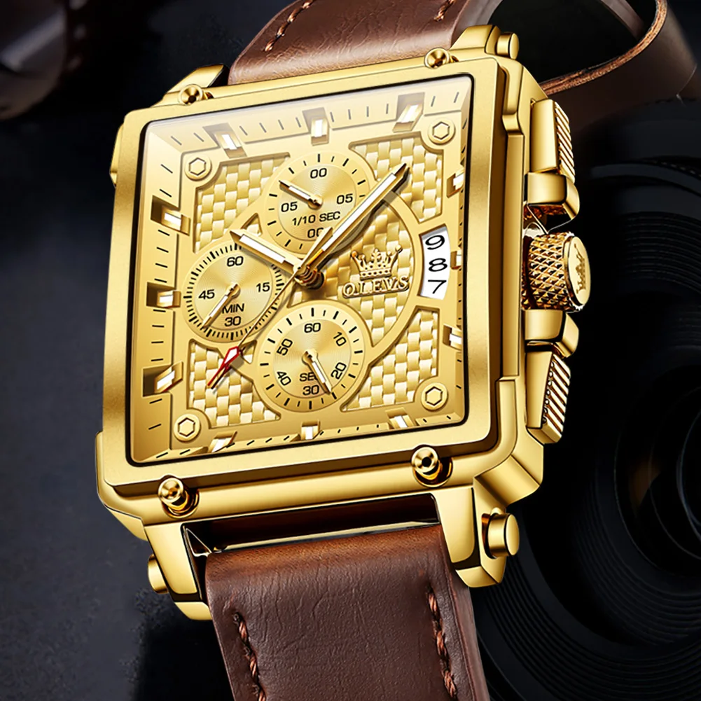 OLEVS Sports Mens Watches Top Brand Luxury Fashion Leather Chronograph Quartz Watch Casual Men's Square Big Dial Gold Wristwatch