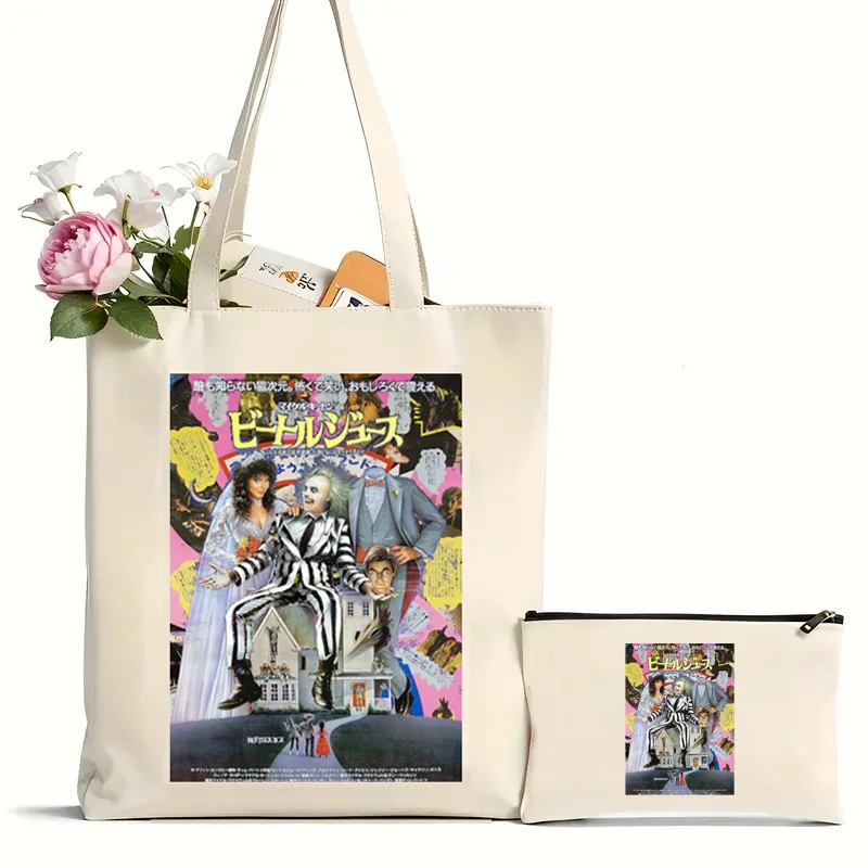 2Pcs Beetlejuice Print Tote Bag Trendy Canvas Shoulder Bag Casual Handbag Funny Halloween Graphic Bag