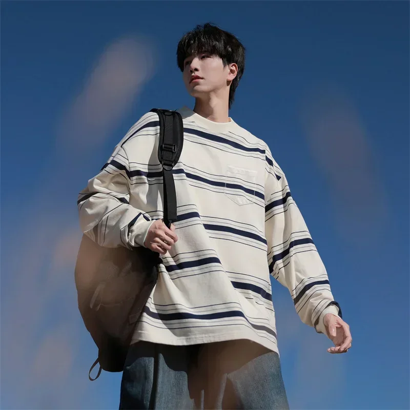 

Autumn Japanese Vintage Striped Crewneck Sweatshirts For Men Y2K Streetwear Long Sleeve T-shirts Women Casual Pocket Knit Tops