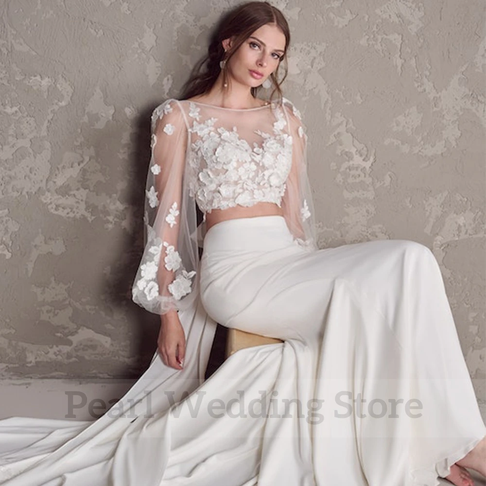 Robe de Mariée Sirène Exquise Deux Pièces, Tenue en Tulle, à Manches sulf, en Mousseline de Soie, Col Rond, sur Mesure, pour Patients