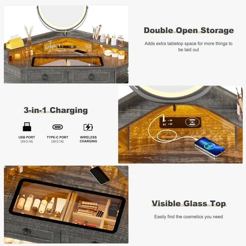 مكتب زينة زاوية بنية مع مرآة وأضواء LED ومحطة شحن