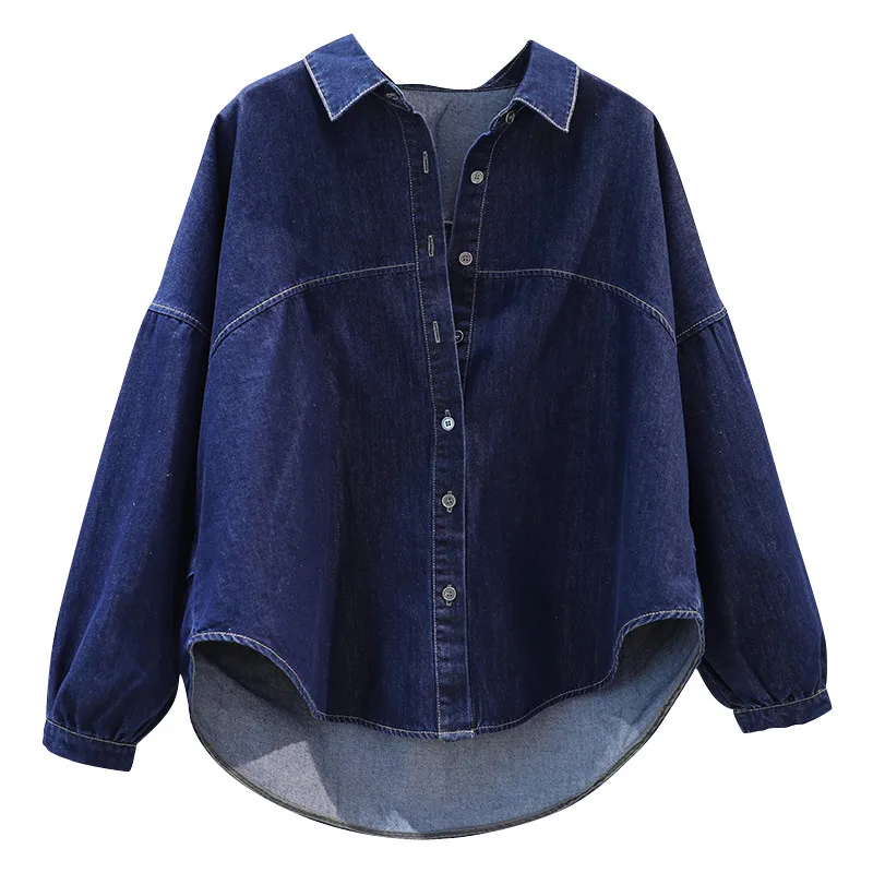 Deep blue Loose Denim Shirt For women 2027 Spring Autumn New Wash water Splicing design Long sleeved Cardigan Versatile Jacket