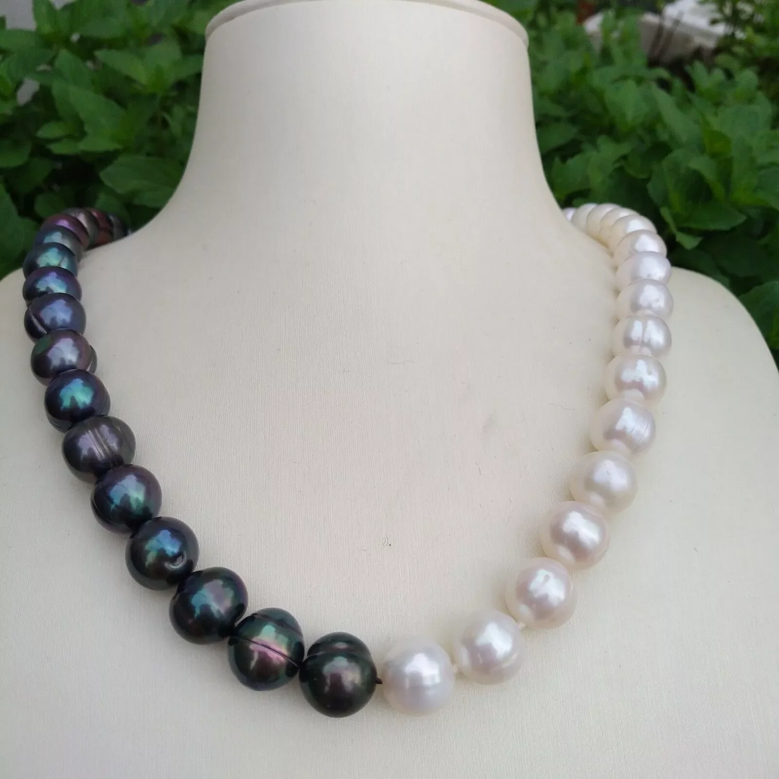 

Natural Pearl Necklace AAA 11-12mm South Sea Black+White Baroque Pearl Necklace 14k-20 inch