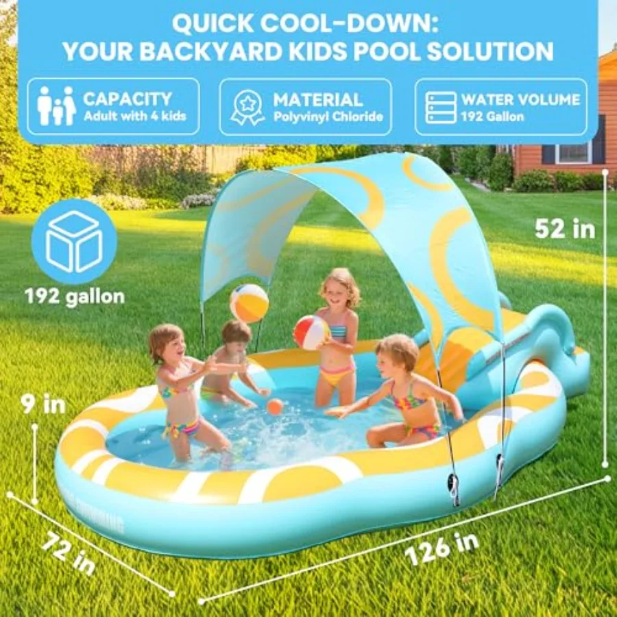 Backyard water play center for kids: inflatable kiddie pool with slide and canopy durable thickened PVC blue and yellow extra-l view 4