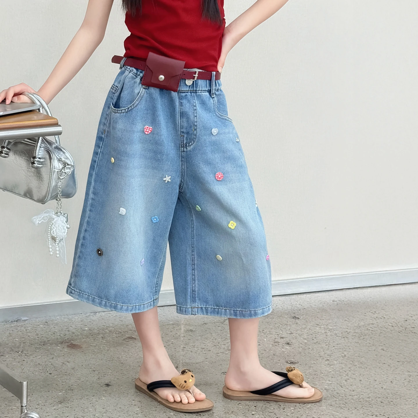 Girls Casual Soft Denim Shorts New Items Streetwear Jeans Short Trousers with Colorful Button Embroidery for Tweens Ages 4-14Y