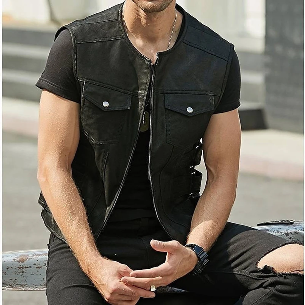 New Men's Motorcycle Biker Faux Leather Vest Jacket Waistcoat Solid Color Zip Up Vest Tops Male Clothing Streetwear