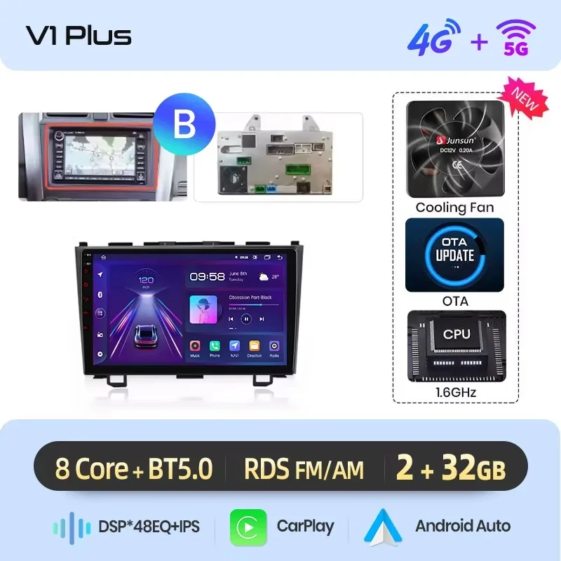 Junsun draadloze CarPlay Android Auto autoradio voor Honda CR-V Mk3 (RE) 2006-2012 met ingebouwde koelventilator, Android GPS navigatie, multimediaspeler, WiFi, DSP, RDS, BT, SWC, IPS touchscreen,