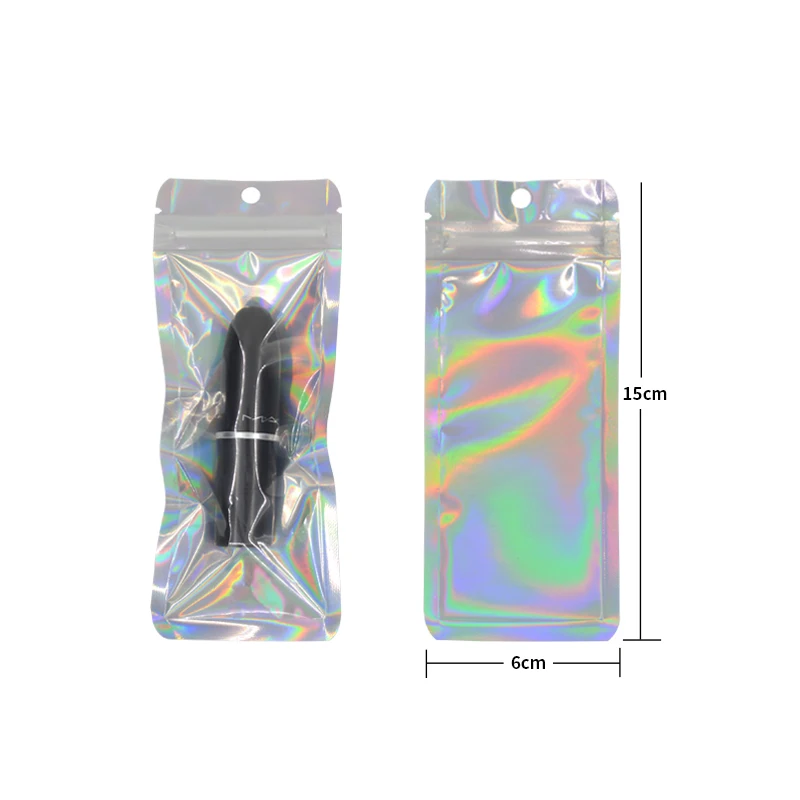 100 Stück Hologramm Aluminium folie und transparente Zip-Lock-Taschen lange Plastik beutel Uhr Stift Schmuck kosmetische USB-Datenkabel Taschen