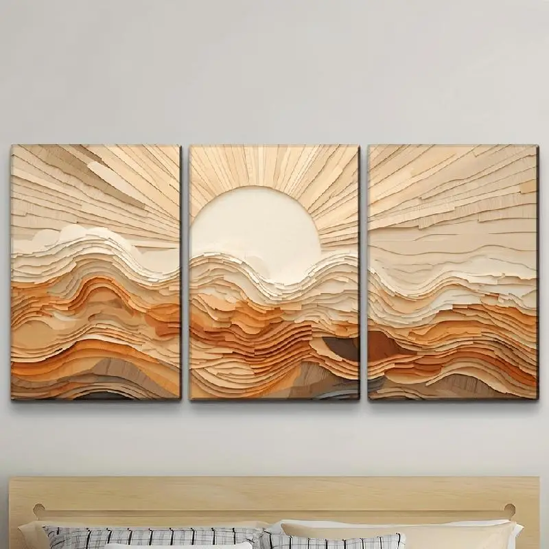 3PCS Frameless Paper Layered Sun Mountain Canvas Wall Art Neutral Boho Terracotta Landscape Home Decoration