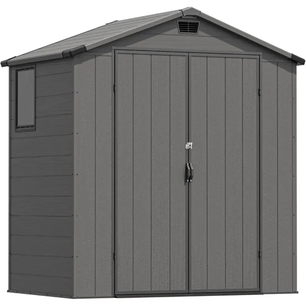 6x4ft Outdoor Plastic Storage Shed with Floor, Lockable Double Doors, Window & Vents, Suitable for Garden, Backyard, Patio - Gra