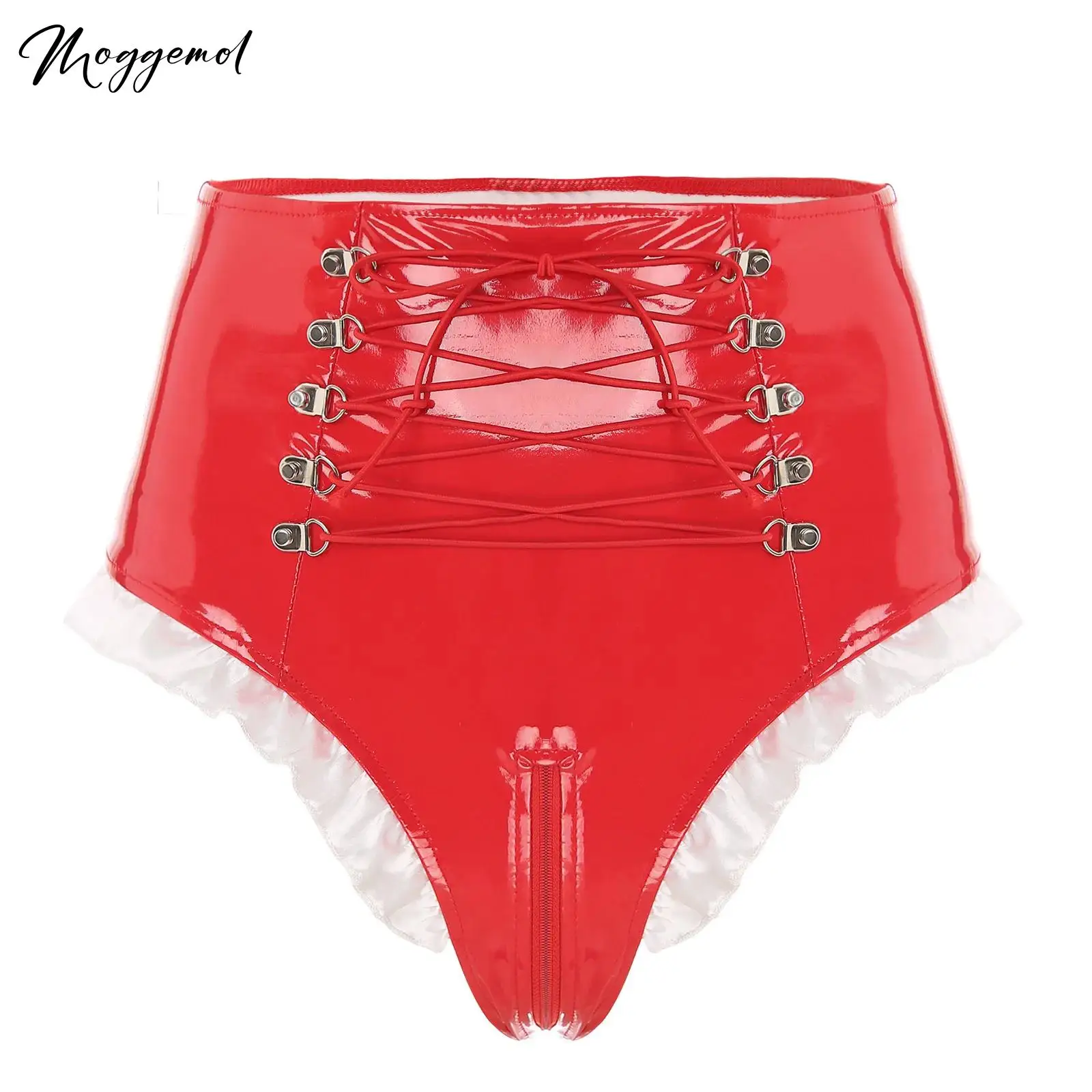 

Women's Lingerie Zipper Crotch Latex Underwear Wetlook Patent Leather High Waist Lace-up Frilly Maid Knickers Panties Clubwear