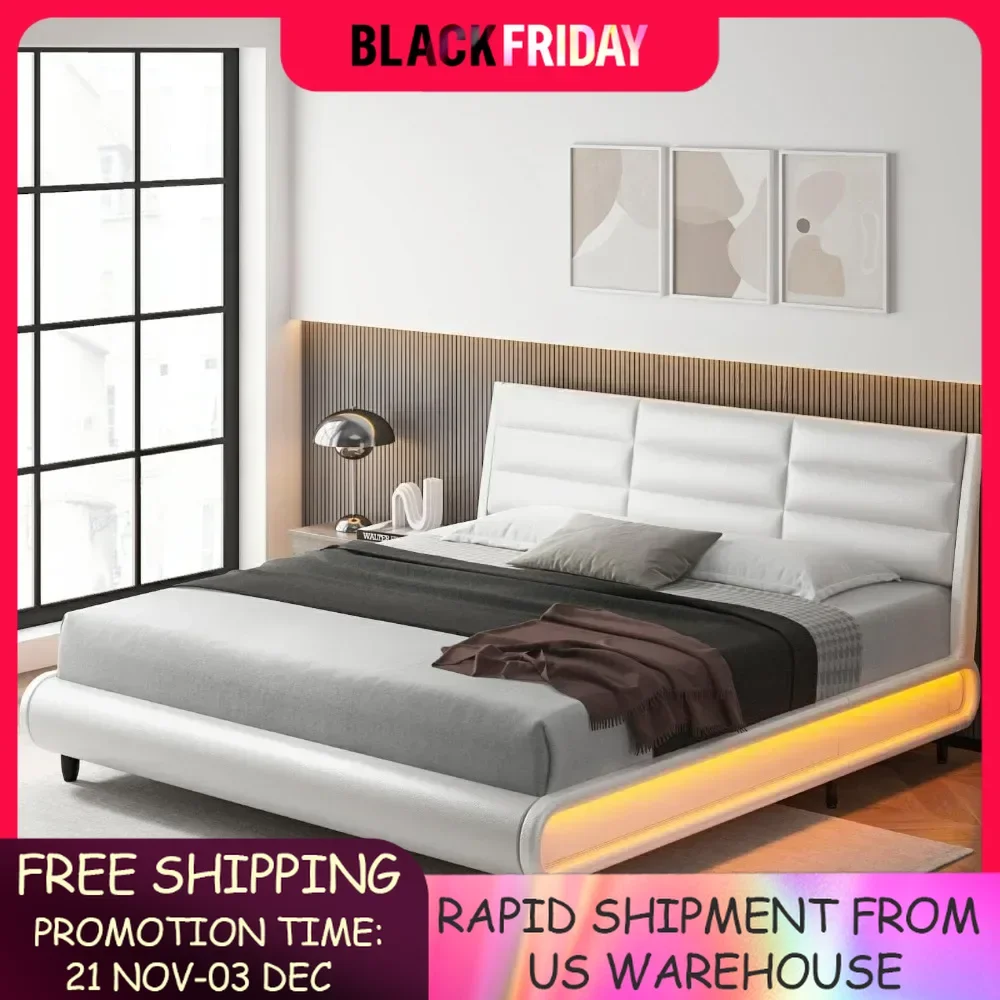 Upholstered Bed Frame with Smart LED, Platform Bed with Adjustable Headboard, Modern Mattress Foundation with Wood Slats