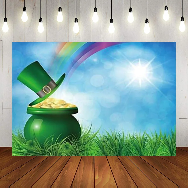 St. Patrick's Day Backdrop Pot Gold Photography Background Rainbow Sunshine Green Grassland Ireland National Festival Banner