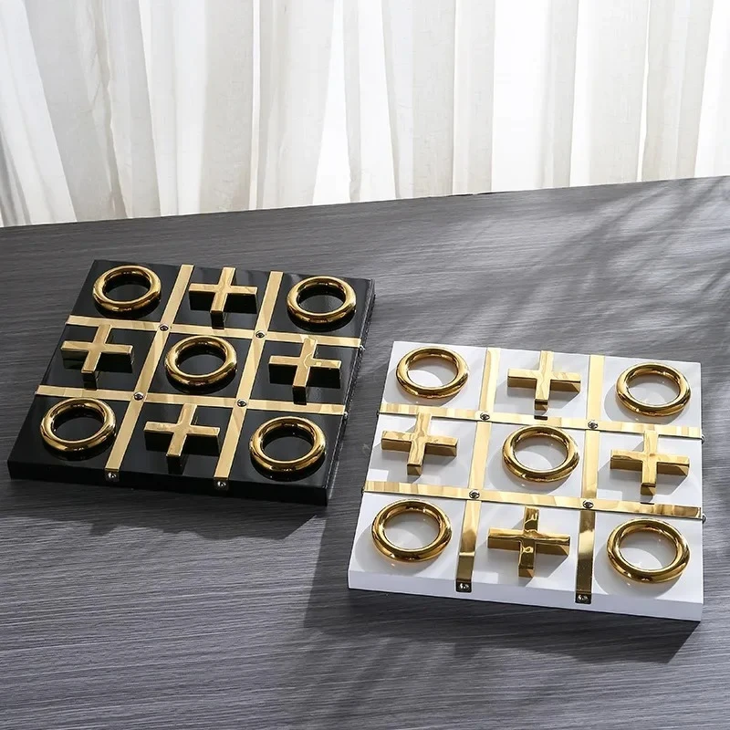 Black/White Tic-Tac-Toe Game Wood Chessboard Geometric Artwork Ornaments Desk Decoration Golden Chess Pieces Casual Chess Games