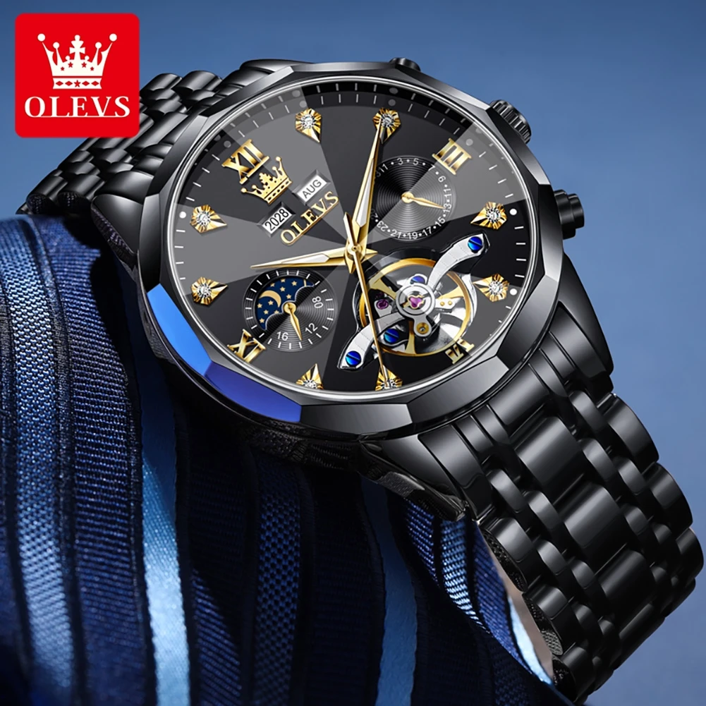 OLEVS الأسود الصلب الرجال توربيون ساعة ميكانيكية مقاوم للماء مرحلة القمر التلقائي ساعة معصم الرجال العلامة التجارية الأعلى الساعات الأصلية #3