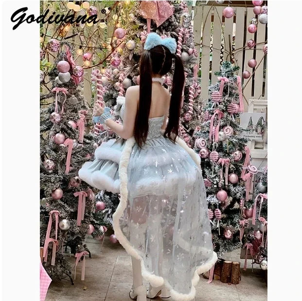 Vestido tutú ajustado sin tirantes con lazo de copo de nieve, vestido de fiesta de princesa de Año Nuevo para invierno, vestido de Navidad peludo con agradable arco para niña y mujer