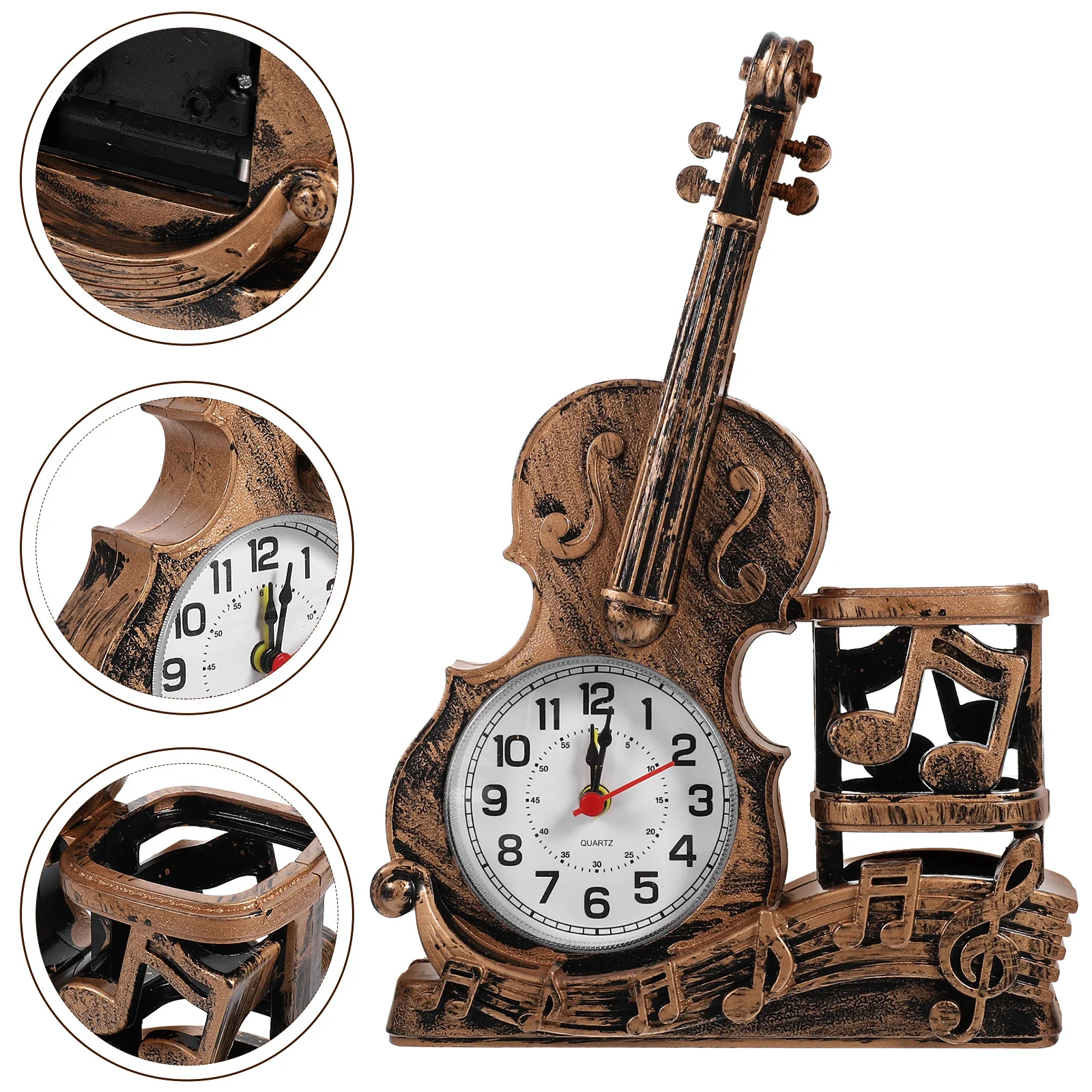 

Decorative Violin Clock with Pen Organizer Chic Creative Design for Office Desk Shelf Mantle Fireplace Display Home Decor