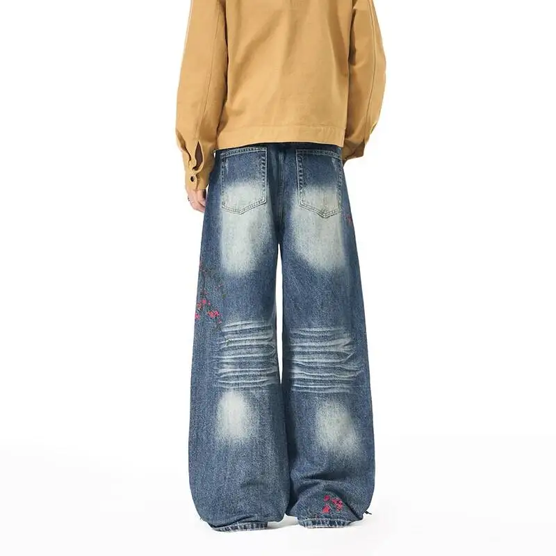 American Style Washed Floral Embroidered Men's Jeans Unisex Loose Wide Leg Cleanfit Versatile Casual Denim Pants CFDRET5
