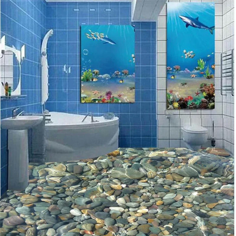 Custom creek stone road 3D bathroom bathroom floor decoration waterproof non-slip clear river water Bathroom stone Flooring обои