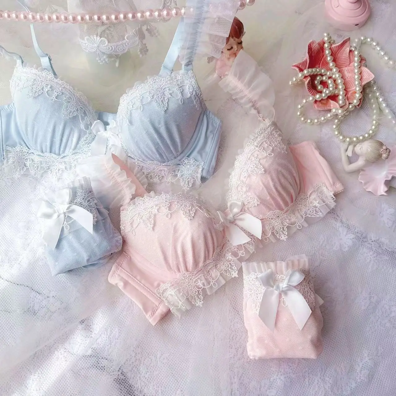 Japanese Lolita Cute Sexy Lingerie Bra Set Water Soluble Embroidery Thin Cup Women