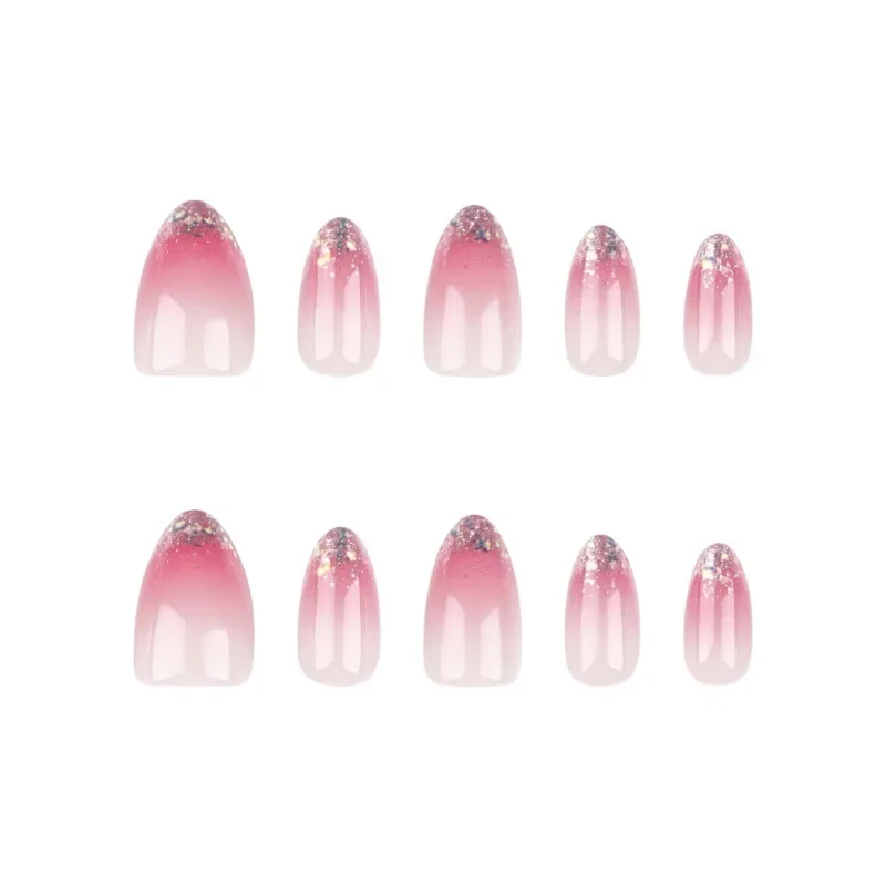 24pcs Oval Medium Glitter Sequins Detachable Finished False Nails Press on Nails with Glue Pink Gradient French Short Fake Nails