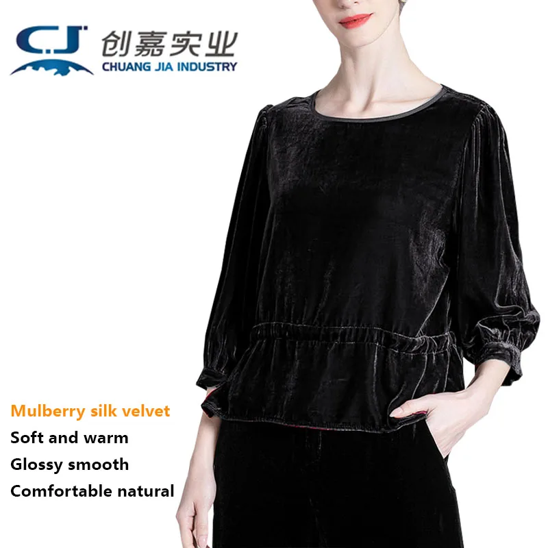 Luxurious Natural Real Velvet Women's Spring Autumn Seven-point Sleeve Crew Neck Top Fashion high-end Loose Large Size Pullover
