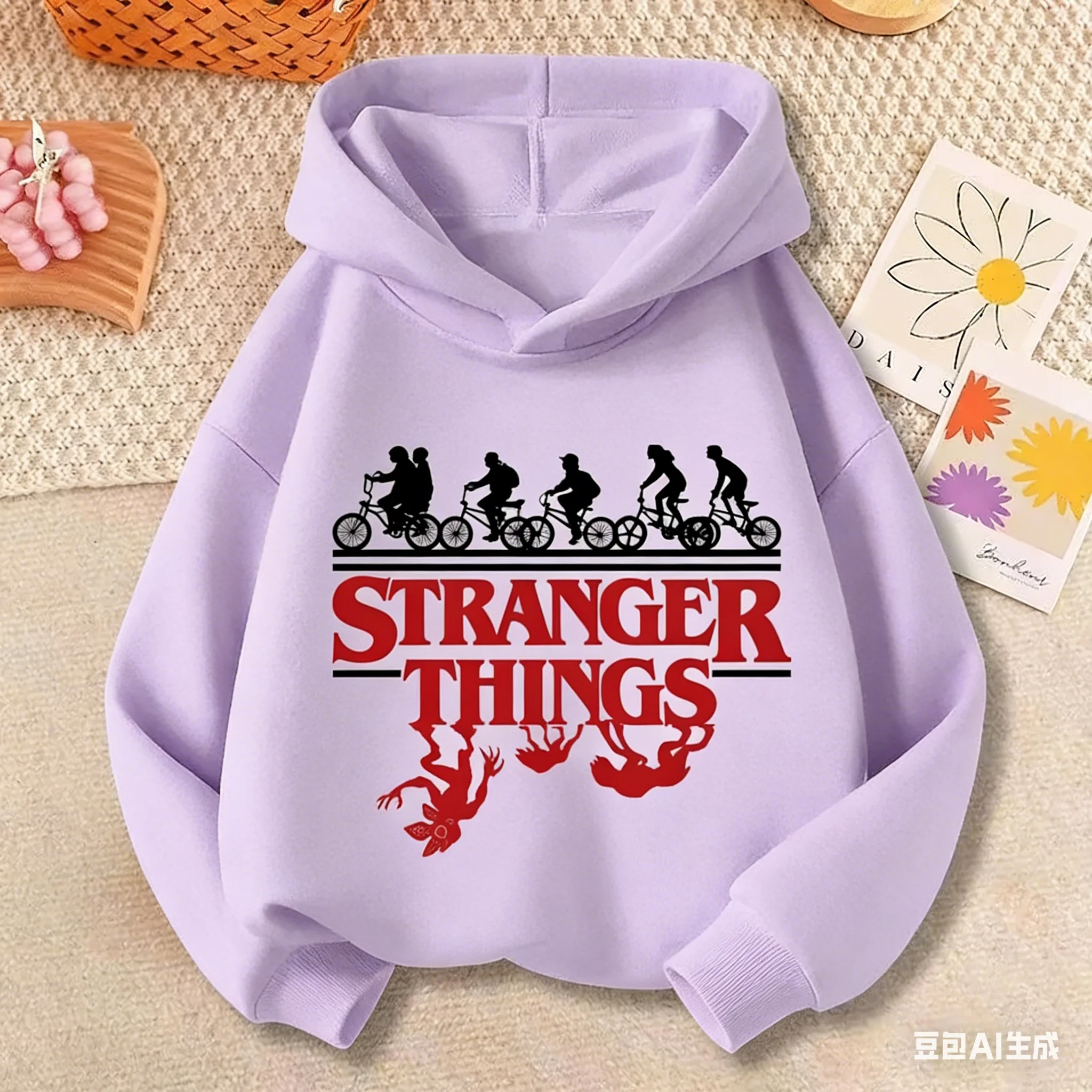 Potdemiel New Stranger Things Bikes Hoodie Kids 3-12Y Demogorgon Print Moletom com estampa Demogorgon para meninos e meninas, pulôver casual