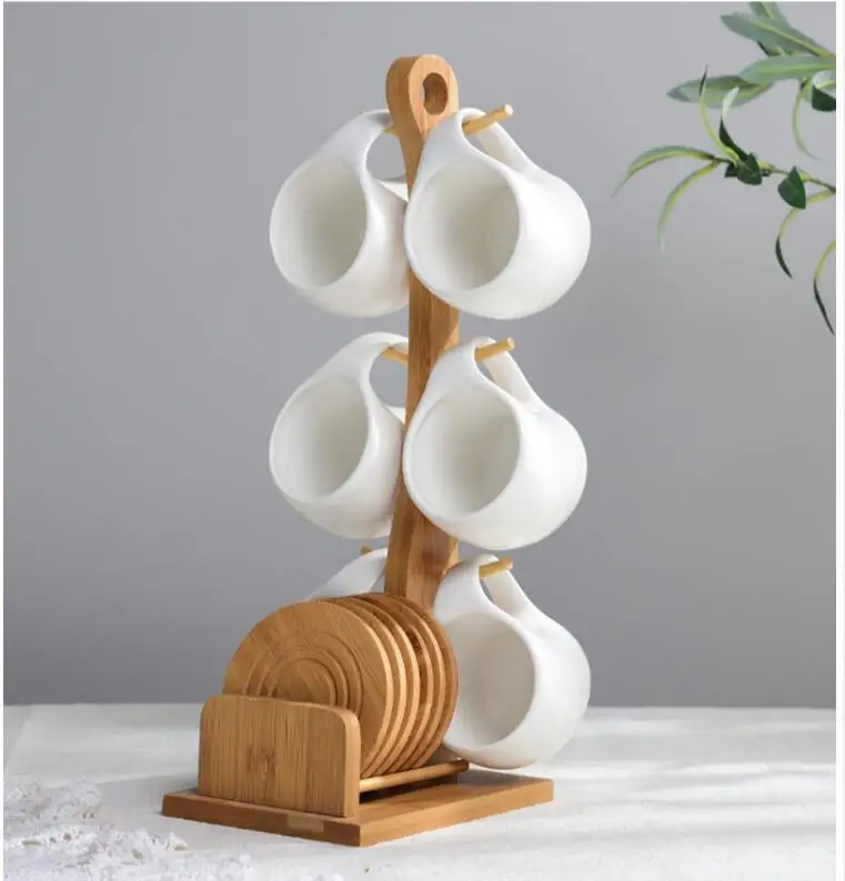 

Six-piece Simple Ceramic Cup Set 200ml Tea Cup Coffee Cup Three-dimensional Bamboo and Wooden Bracket Striped Non-slip Coaster