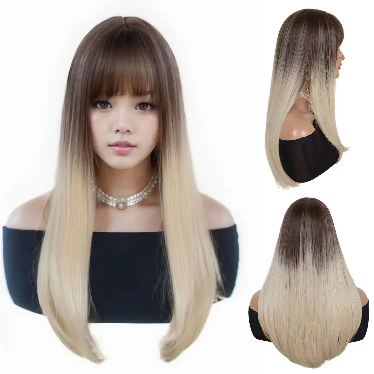 

Synthetic Long Hair Brown Ombre Blonde Wigs for Women Straight Wig with Bangs Natural Hairstyle Full Wig Blond Long Wigs Costume