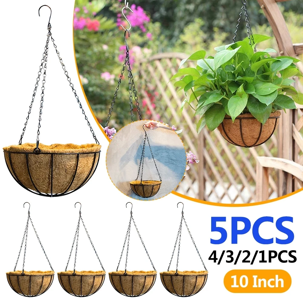 

Iron Flower Plant Basket Rattan Planter Coconut Fiber Hooks with Rust-proof Jacket Art Hanging Pots Outdoor Garden Decoration