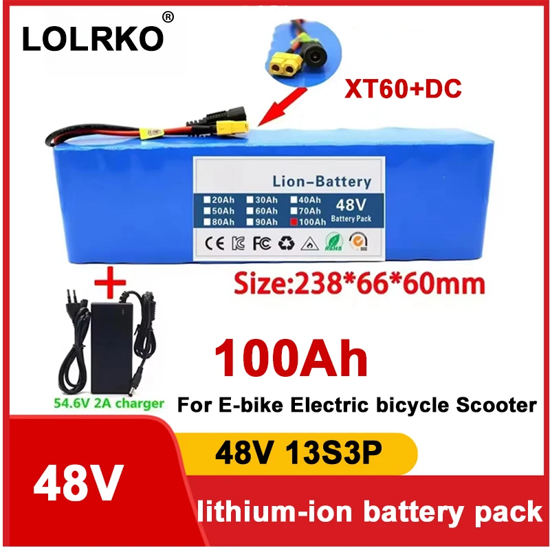 Neuer 48V 100Ah 2000W 13S3P XT60/DC Lithium-Ionen-Akku, geeignet für 48V-Motoren mit BMS+54,6V-Ladegerät
