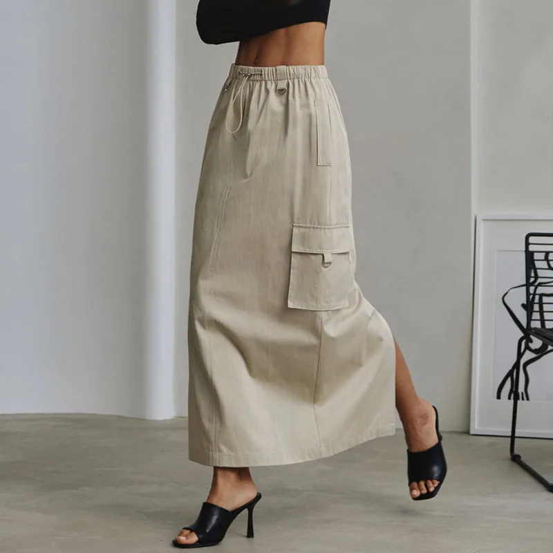 

Women Fashion Cargo Skirt 2023 Summer Drawstring Elastic Waist Midi Dress With Side Pocket Girl Pure Cotton Skirt Y2k Streetwear