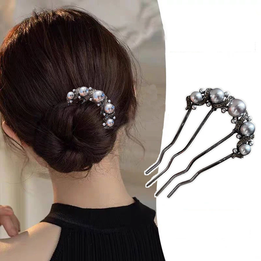 Exquisite Rhinestones Pearls U-shaped Hair Combs for Women Elegant France Ancient Style Alloy Hairpin Female Hair Accessories