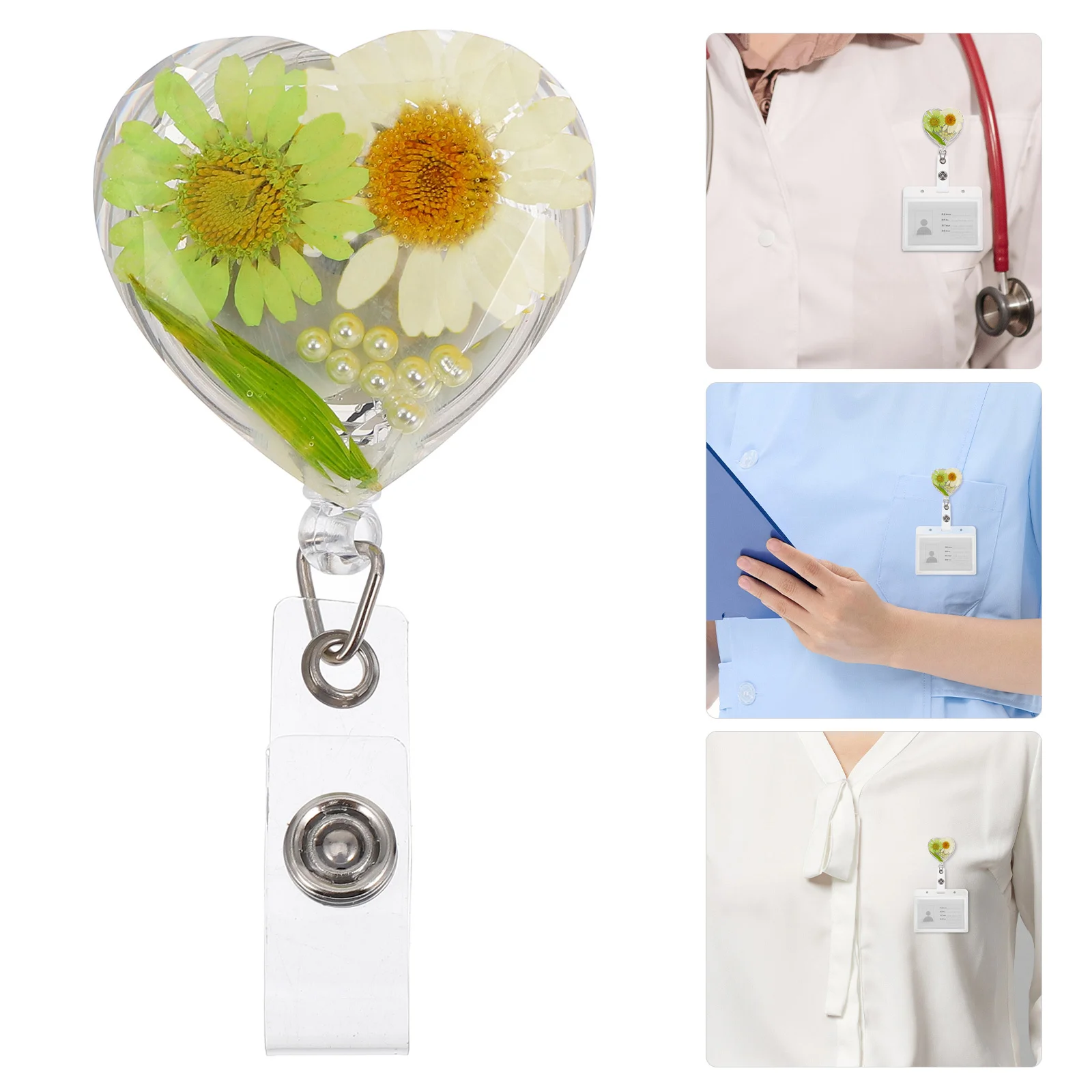 

Retractable Heart-Shaped Nurse Badge Reel Resin Floral Badge Holder Swivel Clip Office Doctor Student Id Card Name Tag