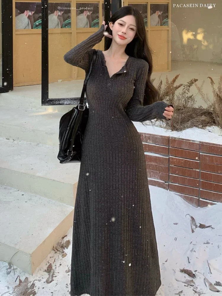 Robe Longue d'Hiver pour Femme, Style Français, Confortable, Éducatif, Décontracté, Sexy