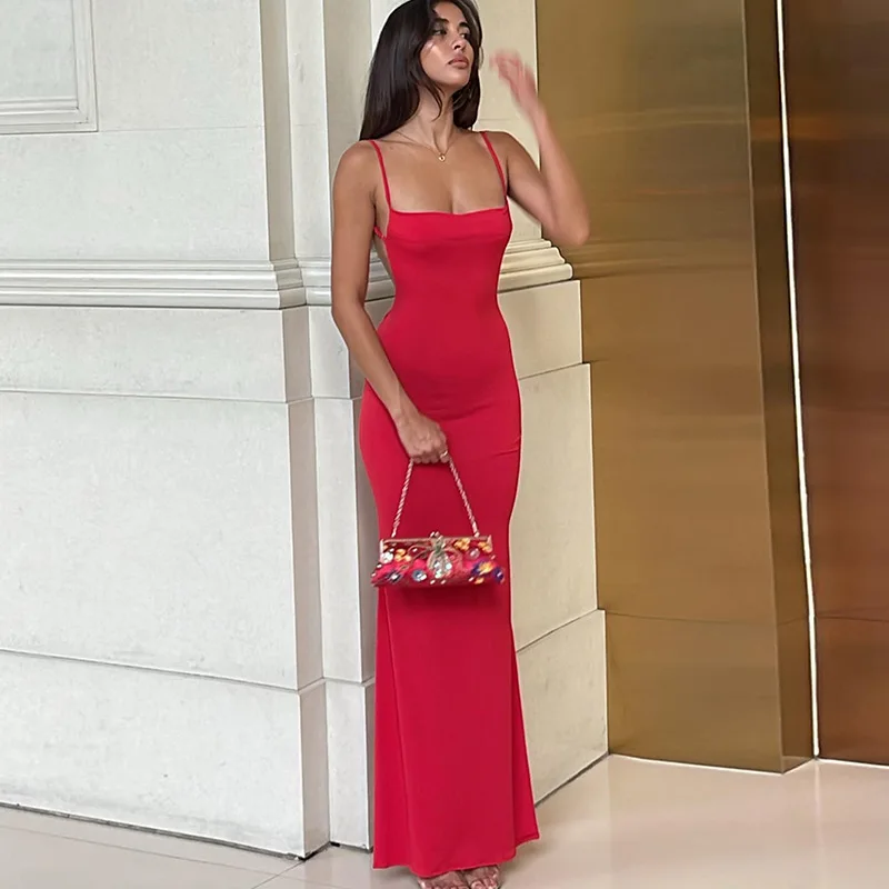 

Sexy Hot Girl Slim Spaghetti Strap Dresses Low Cut Backless Package Hip Bodycon Sleeveless Long Dress Fashion Trendy Streetwear