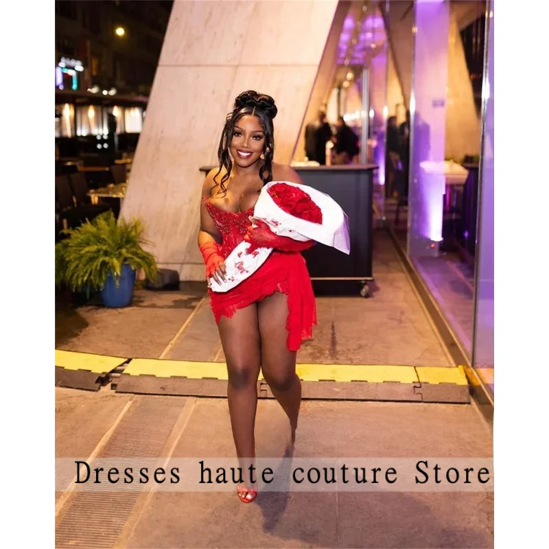 Strapless Red Romantic Lace Beaded 2024 Prom Dress Black Girl Short Mermaid Homecoming Dresses Corset Birthday Customized