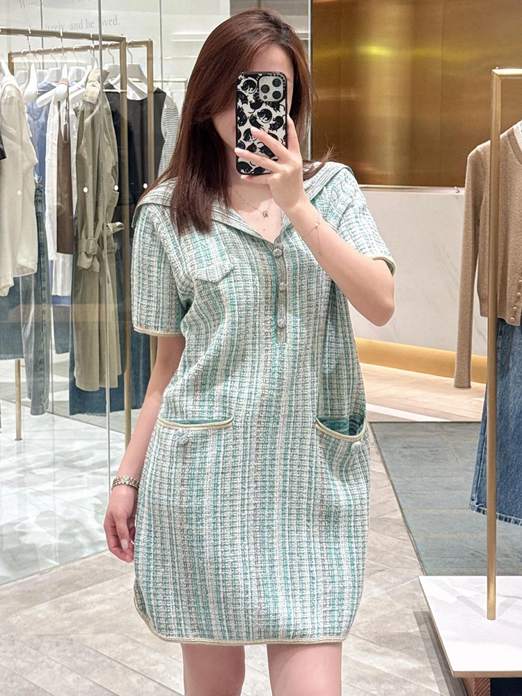 

High-End Summer 2025 Women's Dr Navy Collar Striped Embroidered Tweed Midi Dr Simple Sle l Waist ort Sve
