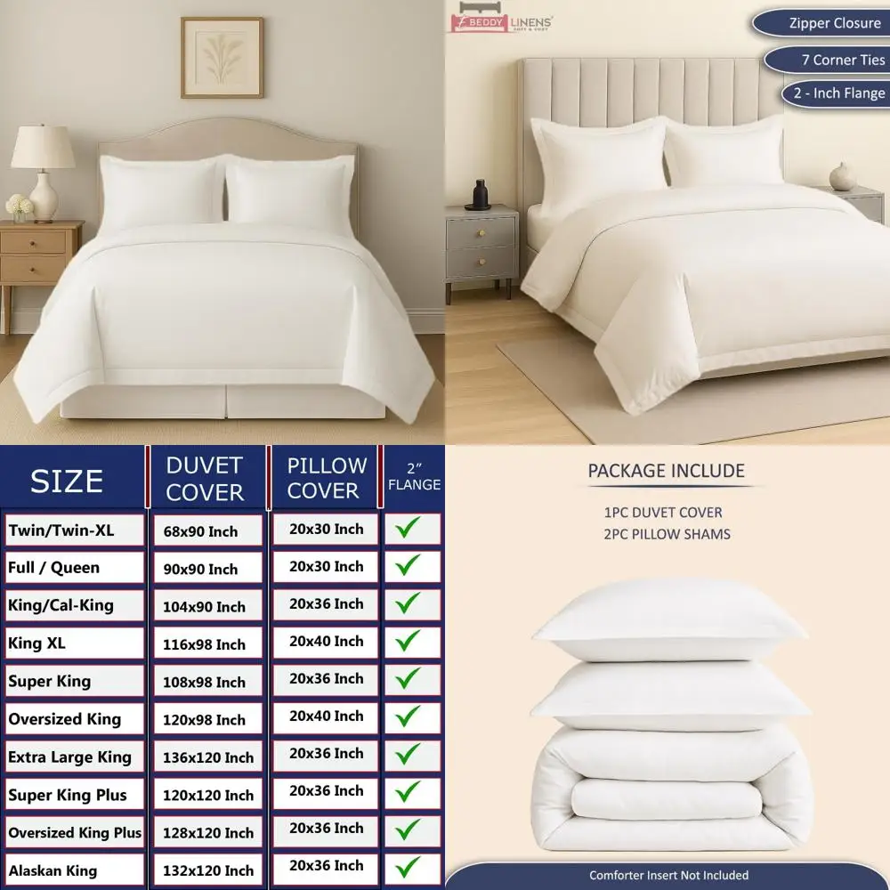 

Egyptian Cotton Super King Size Duvet Cover Set - 120x120 White with Zipper Closure and 7 Corner Ties for Soft Cozy Bedding