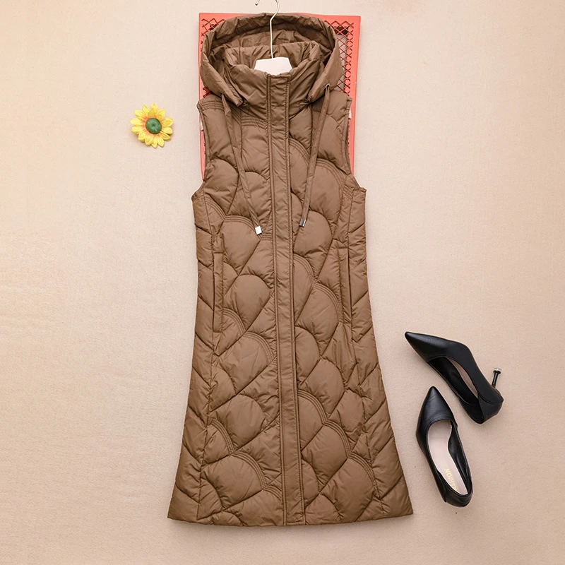 

Women's down Cotton Vest 2025 New Autumn Winter Mid-Length Thiened Outerwear Hat Detachable Hooded oulder Pad