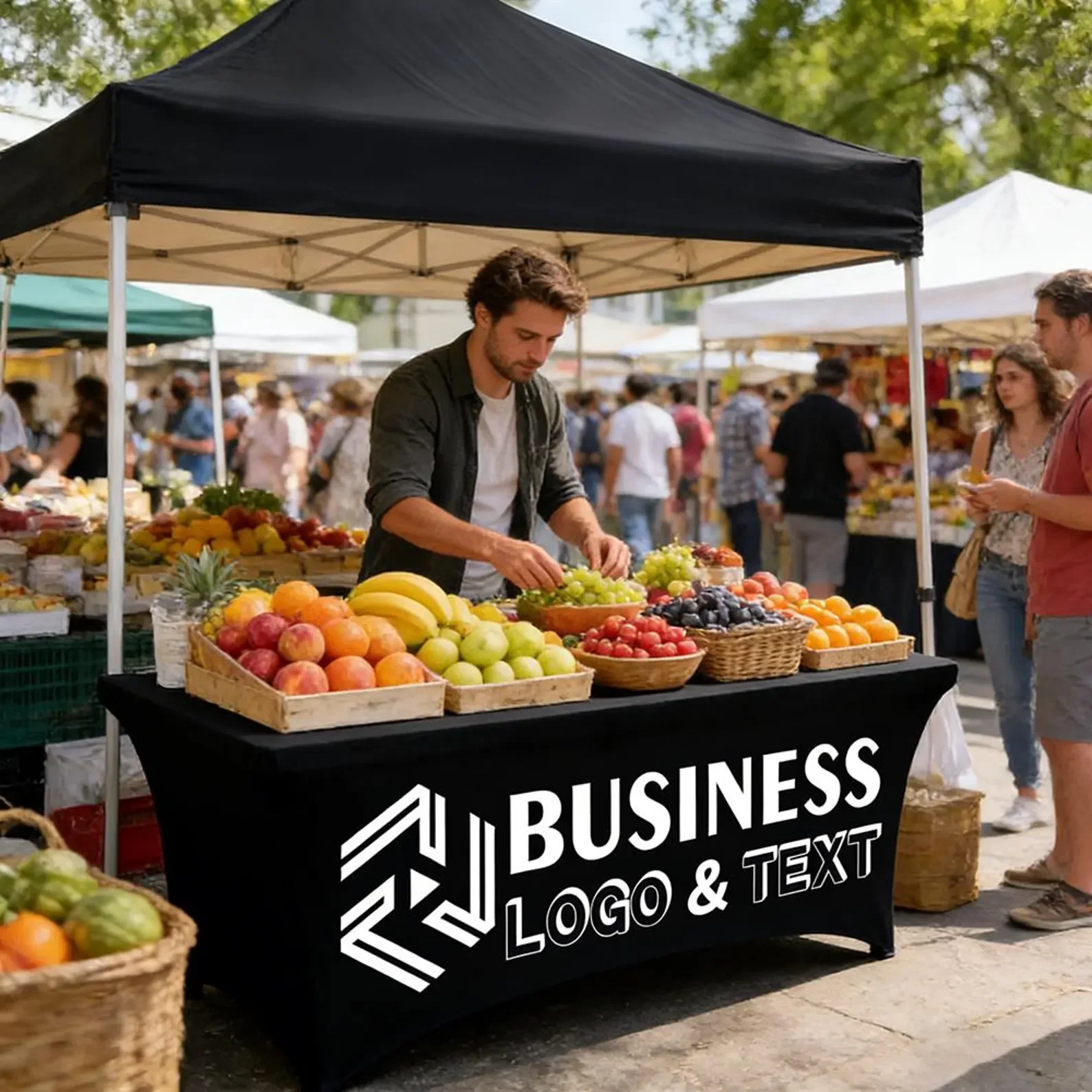 

Custom Table Cover with Logo Personalized Table Cloth for Business Vendor Booth Display Stretch 4ft 6ft Fitted Tablecloth